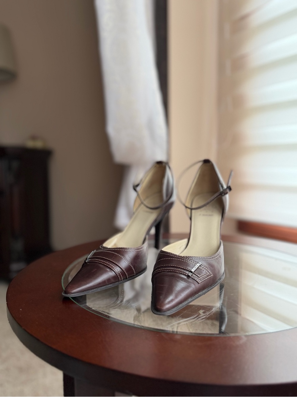 Joan & David Pointed Ankle-Strap Pumps in Dark Brown Leather
